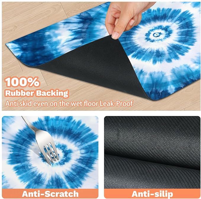 Blue Tie Dye Dog Food Mat for Floors Absorbent, Quick Dry Water Dispenser Mat for Food, Water, Pet Supplies 17" x 30", Abstract Strip