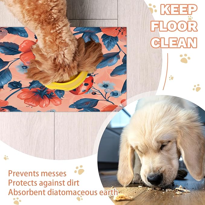Ladybird Dog Food Mat for Floors Absorbent, Quick Dry Water Dispenser Mat for Food, Water, Pet Supplies 17" x 30", Summer Flower