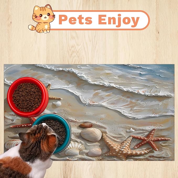 Nautical Coastal Dog Food Mat for Floors Absorbent Dog Bowl Mat for Food and Water Dispenser Quick Dry Cat Food Placemat Pet Supplies 17" x 30", Beach Seashell Starfish