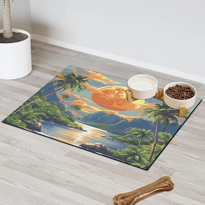 Sea Ocean Dog Food Mat for Floors Absorbent, Quick Dry Water Dispenser Mat for Food, Water, Pet Supplies 16" x 24", Palm Tree