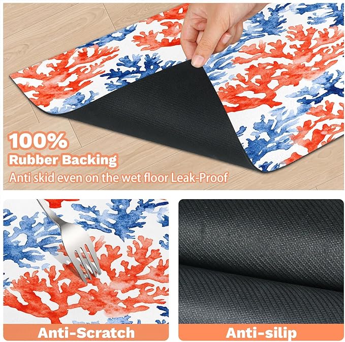 Coastal Beach Dog Food Mat for Floors Absorbent Dog Bowl Mat for Food and Water Dispenser Quick Dry Cat Food Placemat Pet Supplies 16" x 24", Watercolor Coral