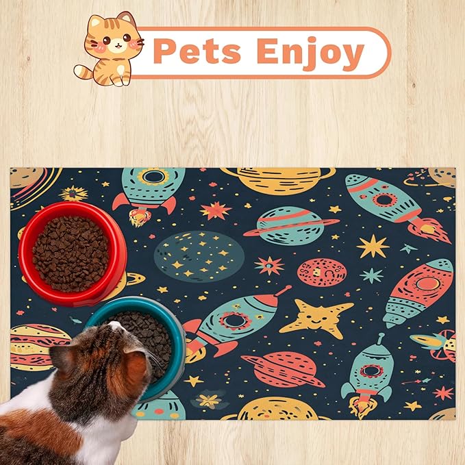 Universe Planet Dog Food Mat for Floors Absorbent, Quick Dry Water Dispenser Mat for Food, Water, Pet Supplies 16" x 24", Outer Space
