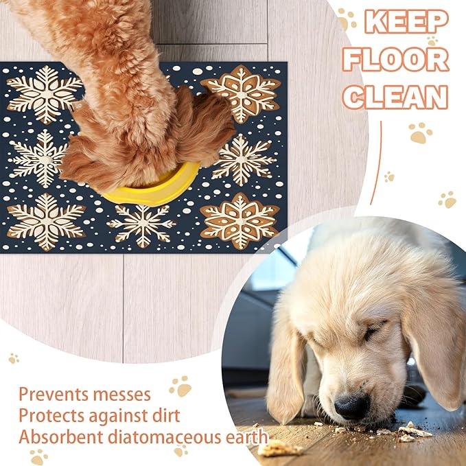 Gingerbread Snow Dog Food Mat for Floors Absorbent, Quick Dry Water Dispenser Mat for Food, Water, Pet Supplies 16" x 24", Snowflake