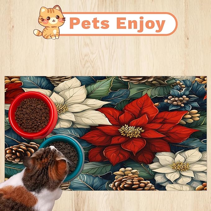 Christmas Flower Dog Food Mat for Floors Absorbent, Quick Dry Water Dispenser Mat for Food, Water, Pet Supplies 12" x 20", Pine Cones
