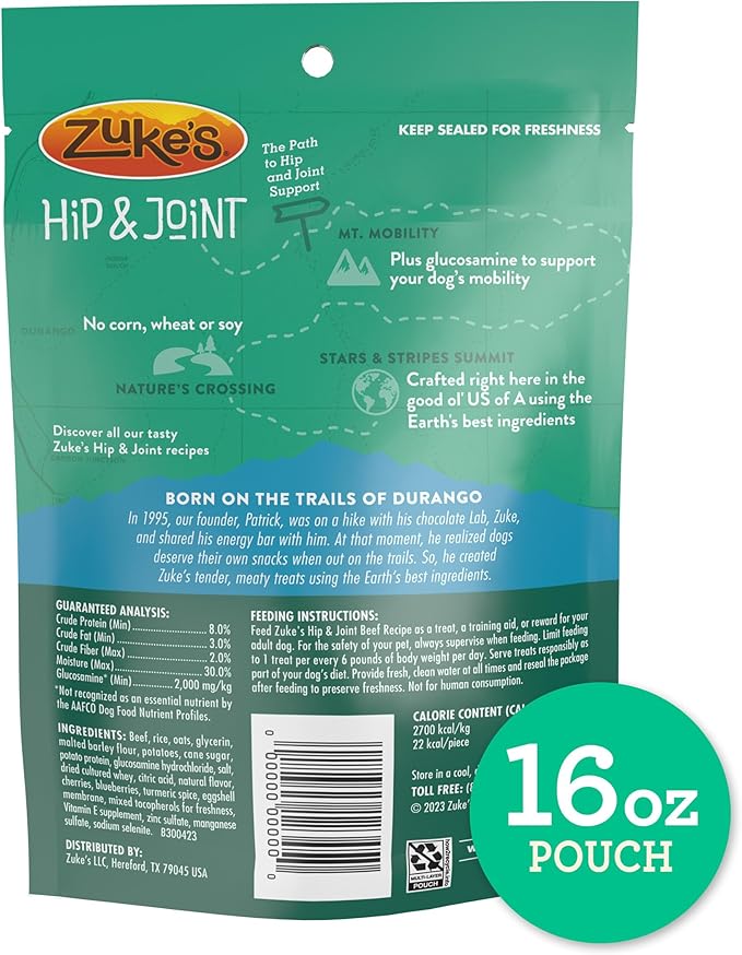 Zuke’s Hip and Joint Support Dog Treats for Adult Dogs of All Sizes, Senior Dog Treats made with Real Beef, 16 oz. Resealable Pouch - 16 oz. Bag