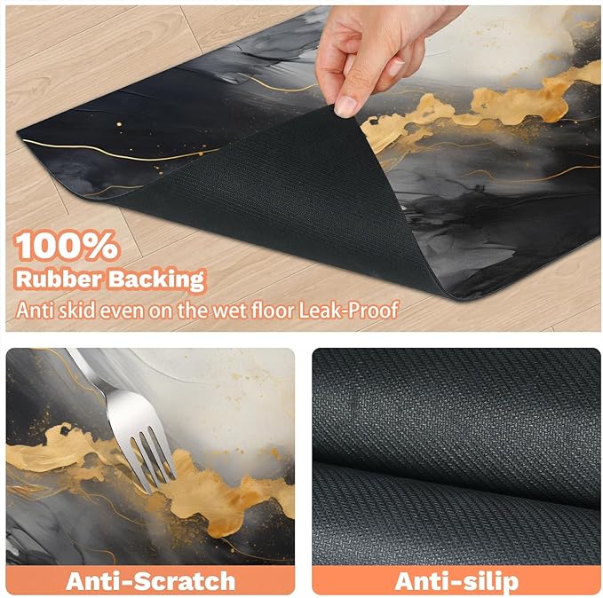 Marble Dog Food Mat for Floors Absorbent, Quick Dry Water Dispenser Mat for Food, Water, Pet Supplies 24" x 32", Gold Black Marble