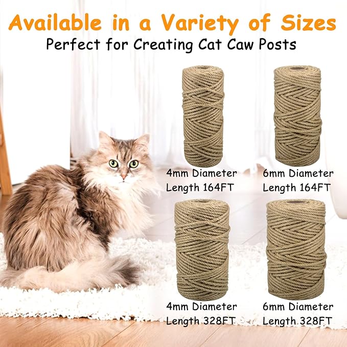 Jute Rope for Cat Scratch Post 1/4" Diameter 328 FT Cat Natural Hemp Rope Cat Tower Repair Rope Cat Tree Rope Replacement Recovering and DIY