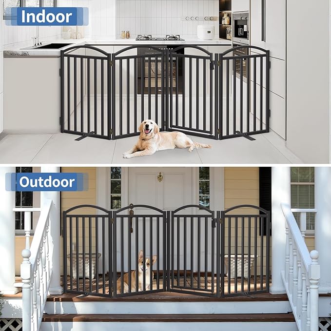 Malier Metal Freestanding Dog Gates with Door, 32'' Height Outdoor Indoor Dog Fences, Extra Wide Foldable Puppy Gate for Stairs (Black, 【4 Panels with Door】 80''W × 32''H)