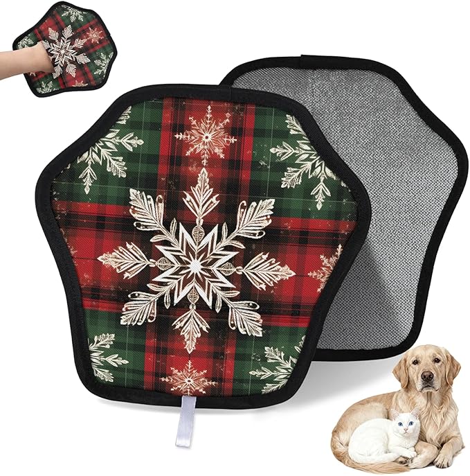 Winter Snowflake Theme Electrostatic Pet Hair Removal Glove for Cats & Dogs - Reusable Grooming Mitt for Couch, Carpet, Car Seat & Laundry - Large 9x9 Inch