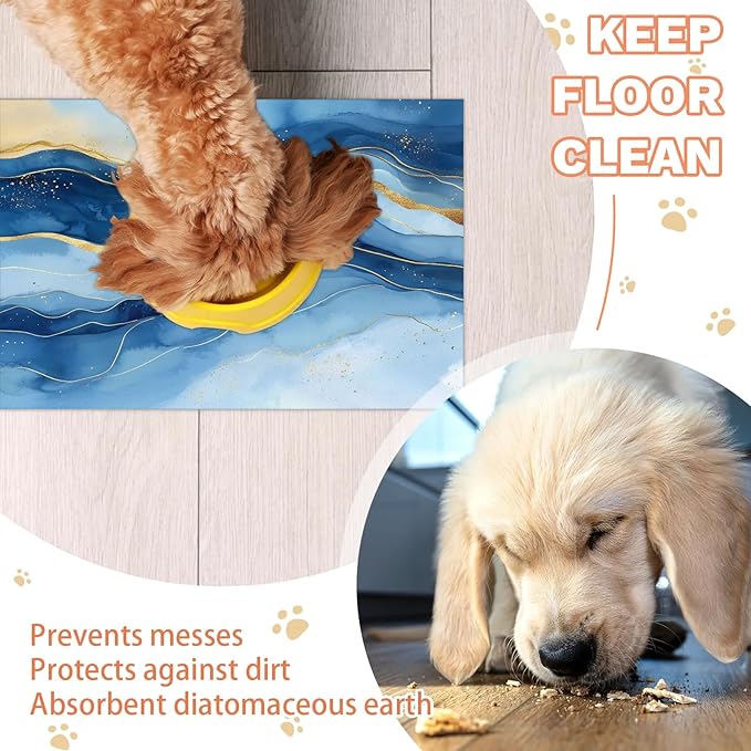 Marble Dog Food Mat for Floors Absorbent, Quick Dry Water Dispenser Mat for Food, Water, Pet Supplies 24" x 32", Blue Gold Abstract