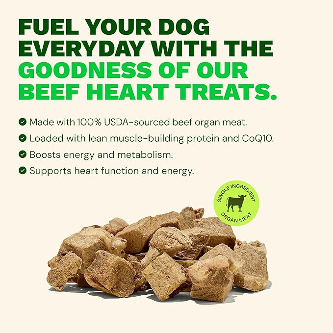 Get Joy Freeze Dried 100% Beef Heart Dog Treats, 16oz | Single Ingredient Organ Meat, High Protein Raw Dog Food Topper, Snack & Training Rewards | Grain Free, Gluten Free, Filler Free