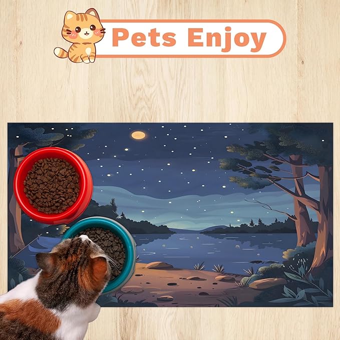 Mountain Forest Dog Food Mat for Floors Absorbent, Quick Dry Water Dispenser Mat for Food, Water, Pet Supplies 17" x 30", Moon Star Clouds