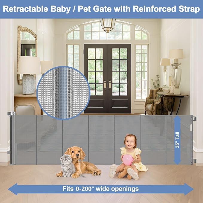 Reinforced 200 Inch Retractable Baby Gate Extra Long Baby Gates for Large Openings Bottom Anti-Crawl 16.7 Ft Outdoor Dog Gates for Doorways Extra Wide Pet Gate Indoor Large Dog Gate Indoor, Gray