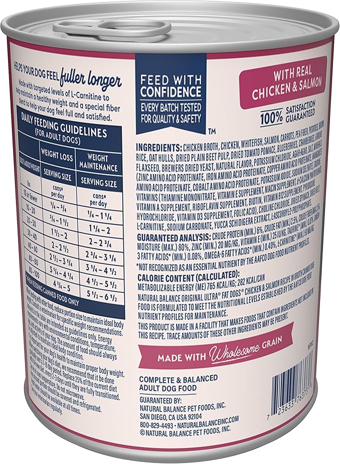 Natural Balance Original Ultra Fat Dogs Wet Dog Food, Chicken & Salmon Recipe in Broth, 13 oz (Pack of 12)