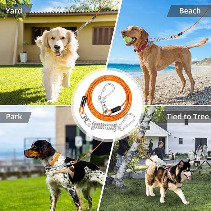 jenico Dog Tie Out Cable, 10/15/20/30/40/50/70/100/150FT Runner Cable with Swivel Hook and Shock Spring, Dog Leash Run Tether for Yard Outdoor and Camping,for Small to Medium Pets Up to 500 LBS