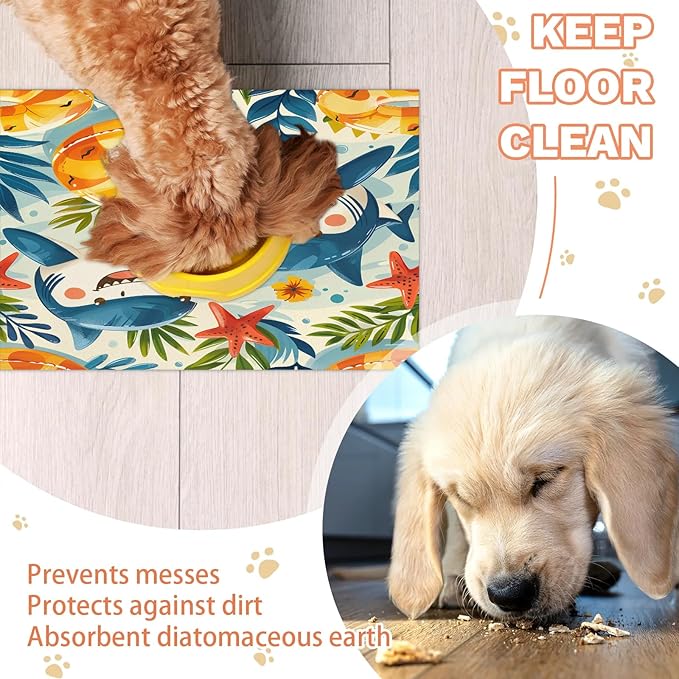 Cute Shark Dog Food Mat for Floors Absorbent Dog Bowl Mat for Food and Water Dispenser Quick Dry Cat Food Placemat Pet Supplies 17" x 30", Ocean