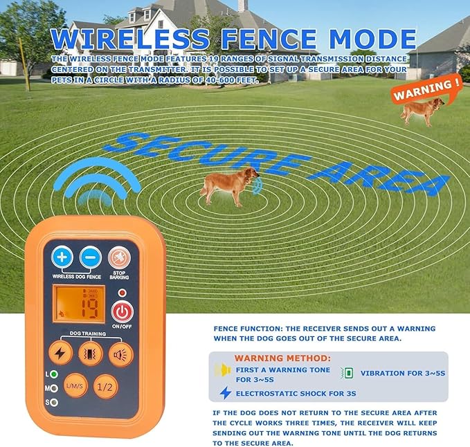 DOTSTAR Wireless Dog Fence Training Collar Pet No Barking Device 3-in-1 System, Remote Wireless Fence Electric Dog Training Stop Barking Pet Contatiner, Rechargeable Waterproof Dog Collar