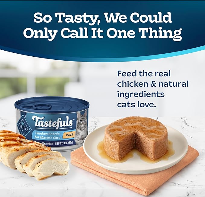Blue Buffalo Tastefuls Wet Cat Food Paté for Mature Cats, Made with Natural Ingredients | Chicken Entrée, 3-oz. Can (24 Count)