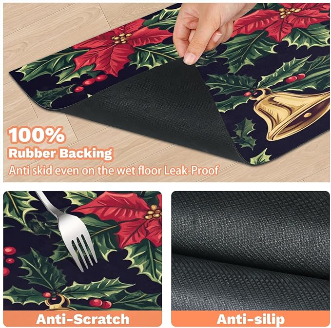 Red Poinsettia Dog Food Mat for Floors Absorbent, Quick Dry Water Dispenser Mat for Food, Water, Pet Supplies 24" x 32", Xmas Bells