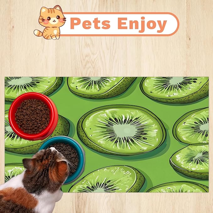 Kiwi Fruit Dog Food Mat for Floors Absorbent Dog Bowl Mat for Food and Water Dispenser Quick Dry Cat Food Placemat Pet Supplies 24" x 32", Cute Kiwi