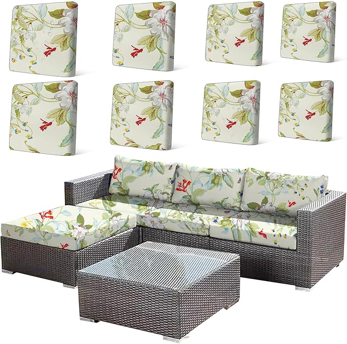 HANDONTIME 8Pcs Patio Cushion Covers Stretch Outdoor Couch Cover Replacement Cushions for Outdoor Furniture Waterproof Patio Furniture Cover for Pets Sofa Covers Washable (Spring Floral,Cover Only)