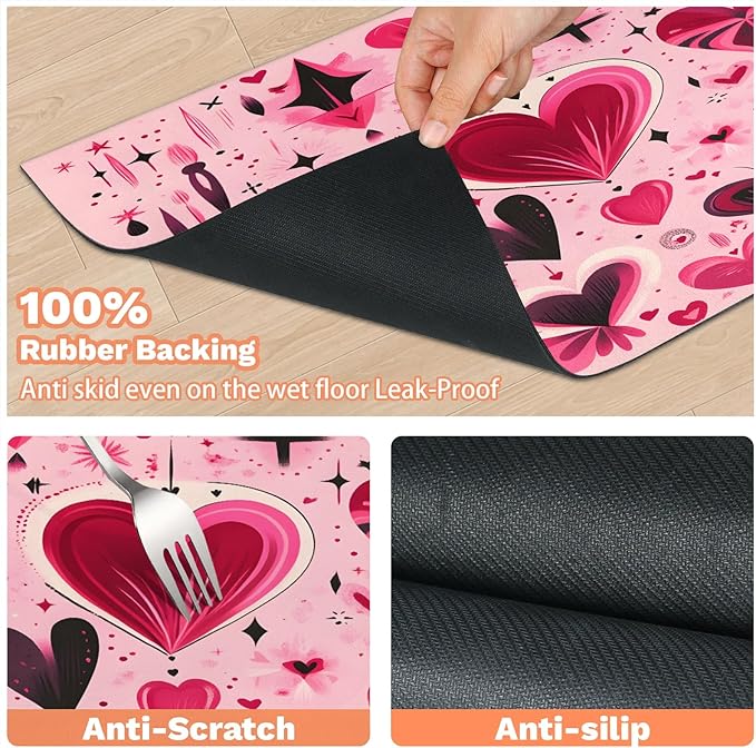 Valentine Dog Food Mat for Floors Absorbent, Quick Dry Water Dispenser Mat for Food, Water, Pet Supplies 12" x 20", Red Black Heart