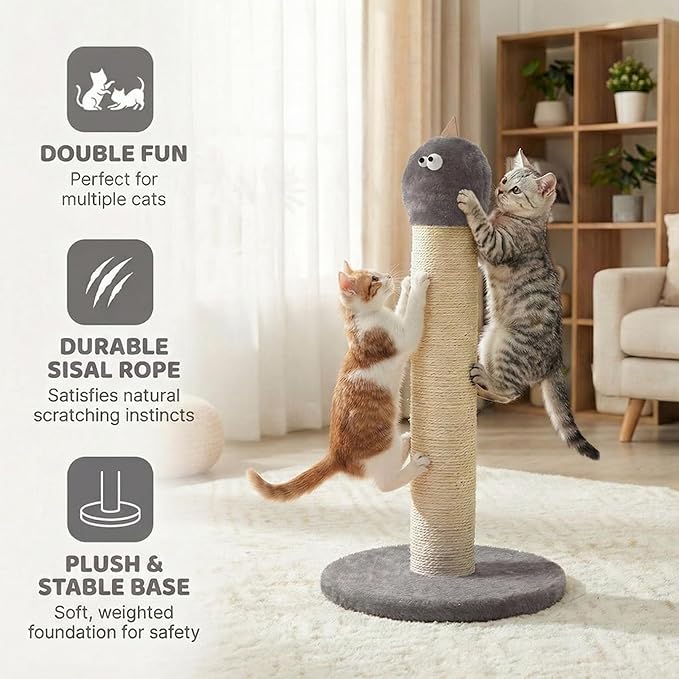 Cat Scratching Post, 22'' Cat Scratchers Tree Tower for Indoor Kitty with Extra Wide 13.4" Stable Base, Scratching Post with Natural Sisal & Velvet Fabric for Small, Medium Cat, Grey