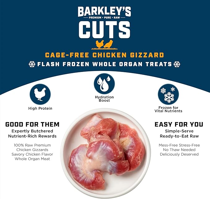 Barkley’s Cuts, Frozen Raw Whole Chicken Gizzards Dog Treats, Single Ingredient, Flash Frozen, High Protein Training Treats and Food Toppers for Puppies and Dogs, Human Grade Ingredients, 16 Oz Bag