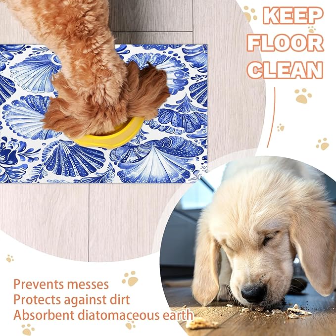 Tie Dye Dog Food Mat for Floors Absorbent Dog Bowl Mat for Food and Water Dispenser Quick Dry Cat Food Placemat Pet Supplies 16" x 24", Seashell Coastal