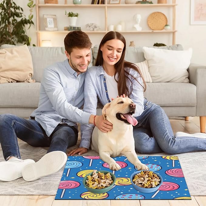 Candy Lollipop Dog Food Mat for Floors Absorbent Dog Bowl Mat for Food and Water Dispenser Quick Dry Cat Food Placemat Pet Supplies 16" x 24",