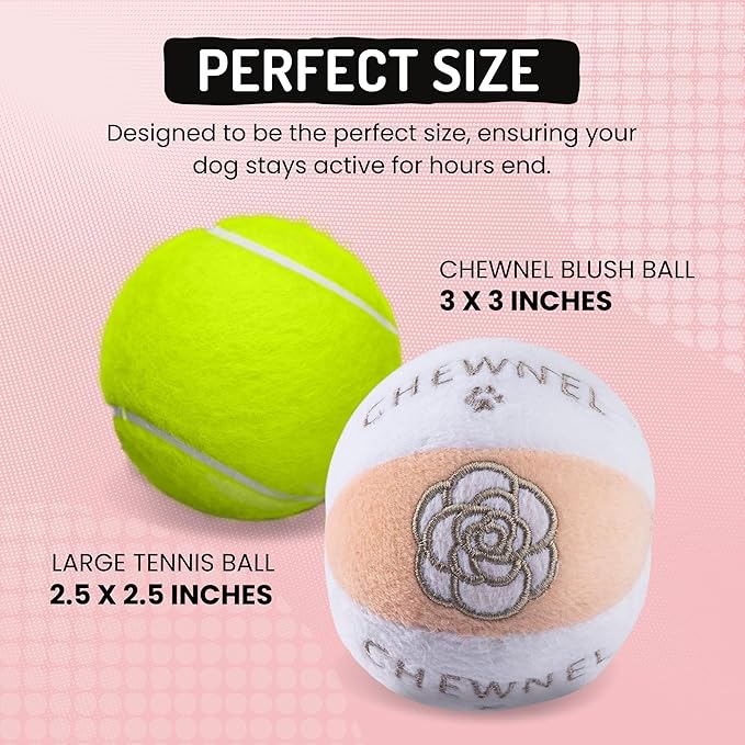 Dog Diggin Designs Chewnel Blush Plush Squeaky Dog Toy Ball | Luxury-Inspired Parody Designer Ball with Squeaker, Soft Plush Fetch Dog Toy – Prêt-à-Porter Play!