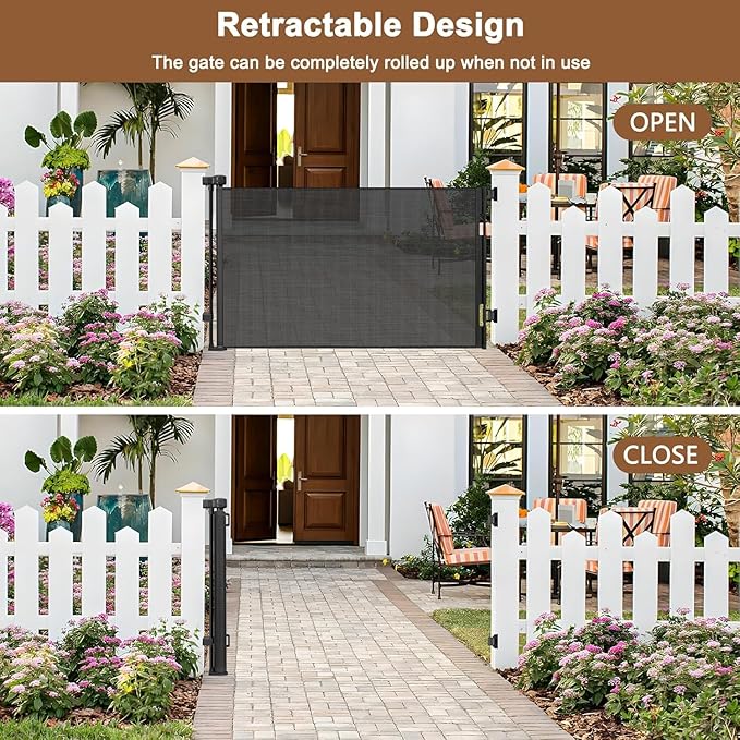 100" Wide Weatherproof Outdoor Retractable Baby Gates for Decks with No Rust Screws and Rods, Waterproof 8 Ft Extra Wide Baby Gate for Large Opening, Scratch-Resistant Mesh Retractable Dog Gate, Black