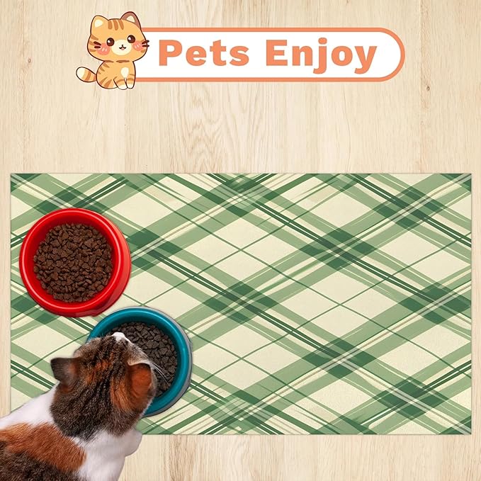 Check Dog Food Mat for Floors Absorbent, Quick Dry Water Dispenser Mat for Food, Water, Pet Supplies 24" x 32", Green White Plaid