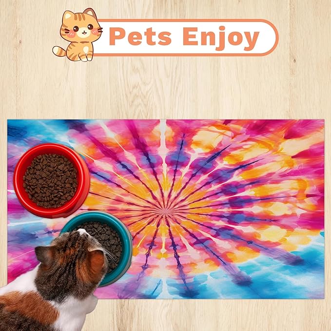 Tie Dye Dog Food Mat for Floors Absorbent, Quick Dry Water Dispenser Mat for Food, Water, Pet Supplies 16" x 24", Boho Colorful