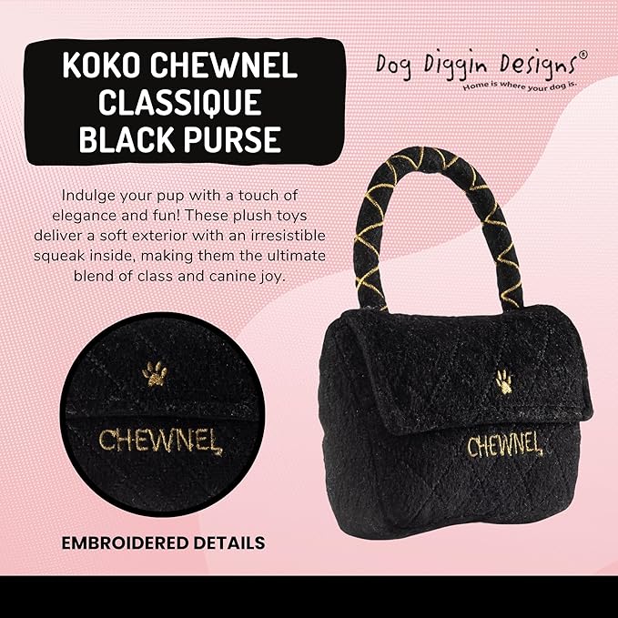 Dog Diggin Designs Chewnel Classique Plush Dog Toy Purse | Luxury-Inspired Parody Designer Handbag with Squeaker, Soft Plush Fashion Dog Toy – Haute Couture Purses & Handbags
