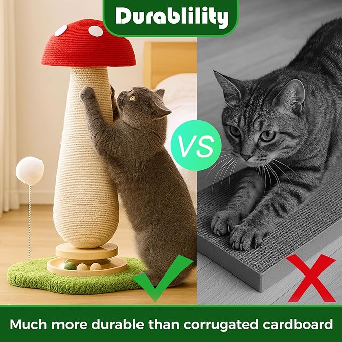 Sisal Mushroom Cat Scratchers Post Spring Ball Track,Scratcher for Indoor Adults Cats, Kitty Tree,Durable Toy,Kitten Tower with Durable Solid Wood,25.2''-Red