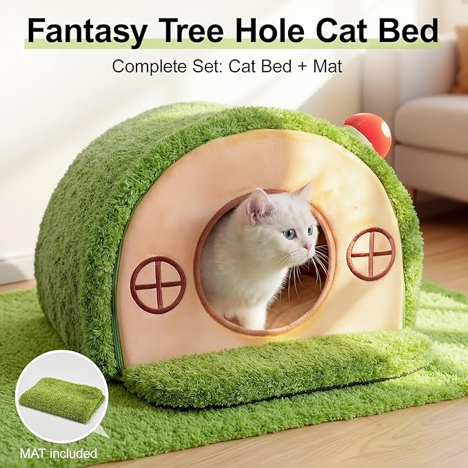 Cat Bed for Indoor Cats - Cute Cat Bed Cave, Tree Hole Cat House Tent for Kittens and Small Pets with Removable Washable Cushion & Anti-Slip Bottom, Enclosed Kitten Bed Hideaway