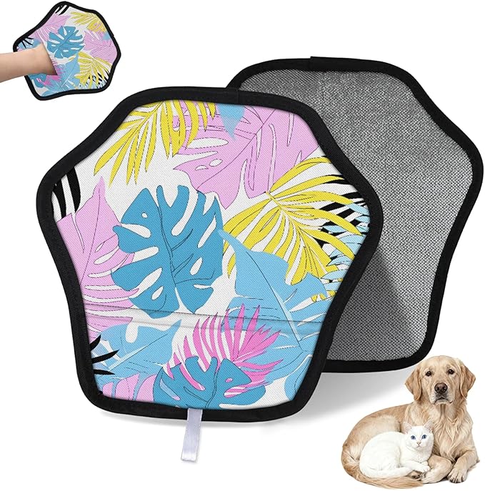 Colorful Palm Leaf Electrostatic Pet Hair Removal Glove for Cats & Dogs - Reusable Grooming Mitt for Couch, Carpet, Car Seat & Laundry - Large 9x9 Inch