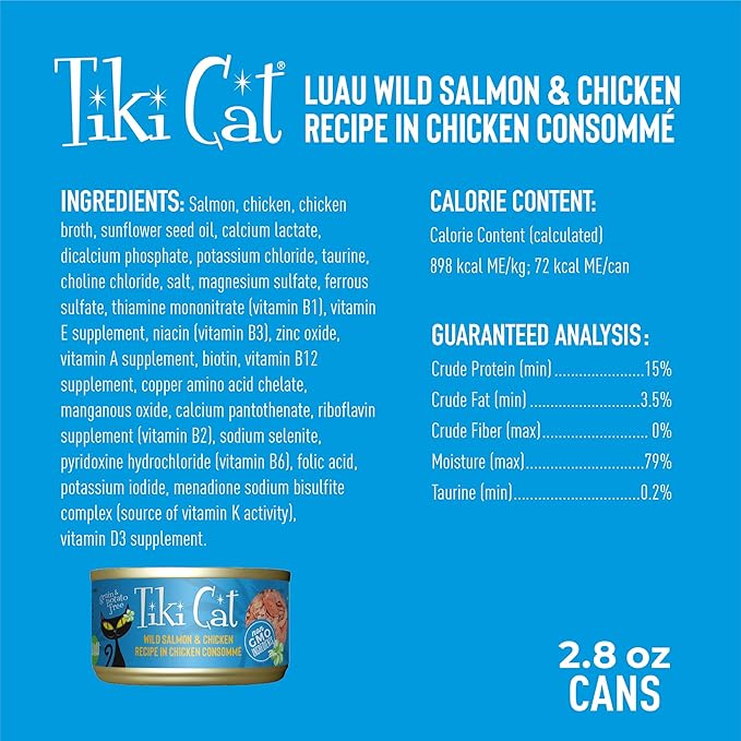 Tiki Cat Luau Shredded Meat, Wild Salmon & Chicken Recipe in Chicken Consumme, Grain-Free Balanced Nutrition Wet Canned Cat Food, For All Life Stages, 2.8 oz. Can (12 Count)