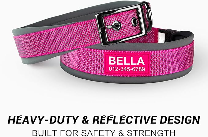 Personalized Dog Collar with Name & Phone Number - Durable Metal Buckle, Ultra-Visible Fully Reflective, and Wide Comfort-Fit Padded Neoprene for Small, Medium, Large Dogs and Cats