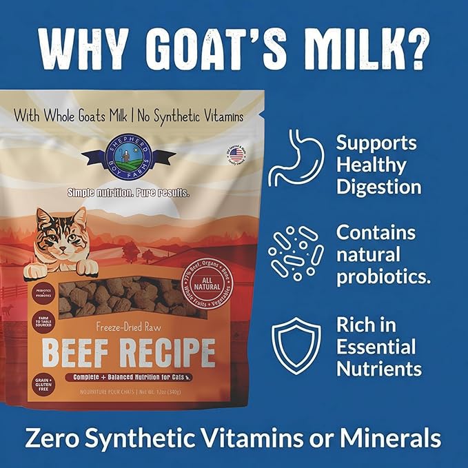 Shepherd Boy Farms Freeze-Dried Beef Cat Food – High-Protein, Grain-Free, Made with Organic Superfoods & Goat’s Milk (12oz)