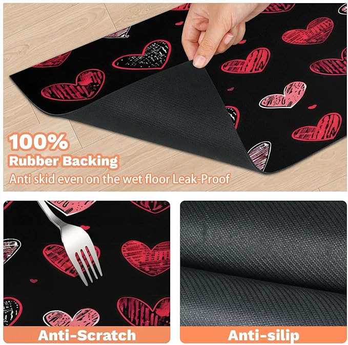 Valentine's Day Dog Food Mat for Floors Absorbent, Quick Dry Water Dispenser Mat for Food, Water, Pet Supplies 12" x 20", Black Red Love