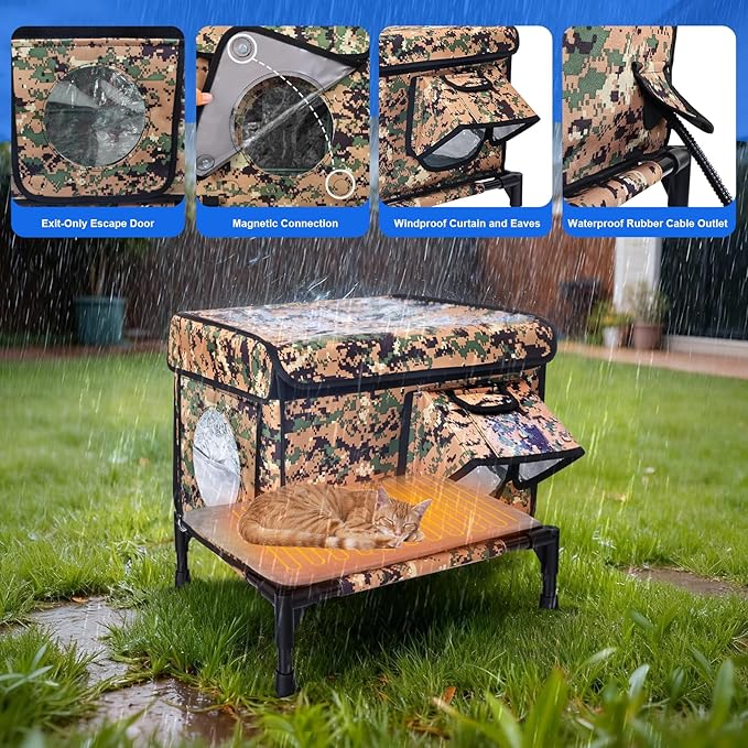 Heated Outdoor Cat House Weatherproof, Large Insulated Cat House for Indoor, Winter Stray/Feral Cat Shelter (Camouflage Cat House, Large-25.6"×16.5"×12")