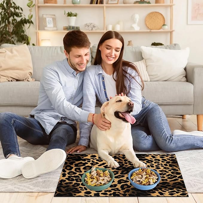 Leopard Print Dog Food Mat for Floors Absorbent Dog Bowl Mat for Food and Water Dispenser Quick Dry Cat Food Placemat Pet Supplies 16" x 24", Wild Animal Skin