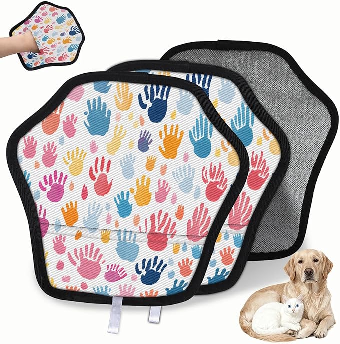 Reusable Pet Hair Removal Glove Colorful Hand Prints Magic Brush for Cat & Dog Hair Remover for Car, Sofa, Bedding, Clothes - 9x9 Mitt Washable