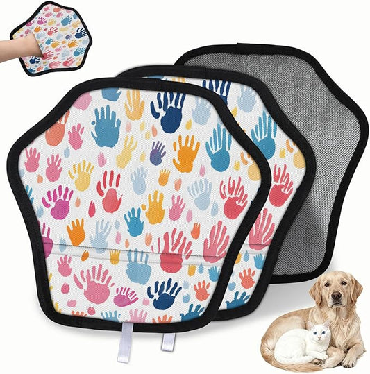 Reusable Pet Hair Removal Glove Colorful Hand Prints Magic Brush for Cat & Dog Hair Remover for Car, Sofa, Bedding, Clothes - 9x9 Mitt Washable