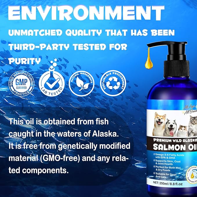 2PCS Alaskan Salmon Oil for Dogs & Cats - Pure Omega 3 Fish Oil with Omega 6 Fatty Acids, EPA & DHA - Anti-Inflammation for Dogs Skin and Coat - Natural Pet Joint, Immune, Brian & Heart Supplement