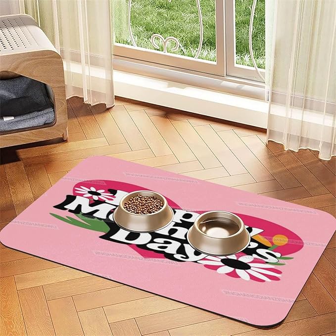 Pet Feeding Mats with Residue Collection Happy Mother's Day Floral Gift for Mom Gt Waterproof Dog Cat Bowl Mat 24x16In with Prevent Water Food Spills