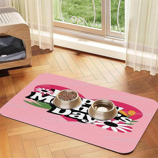 Pet Feeding Mats with Residue Collection Happy Mother's Day Floral Gift for Mom Gt Waterproof Dog Cat Bowl Mat 24x16In with Prevent Water Food Spills