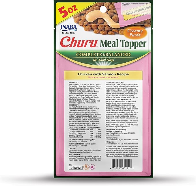 INABA Churu Meal Topper for Dogs, Complete & Balanced, Creamy, Lickable Purée Dog Food Toppers, 1.69 Ounce Tube, 9 Tubes (3 per Pack), Chicken with Salmon Recipe